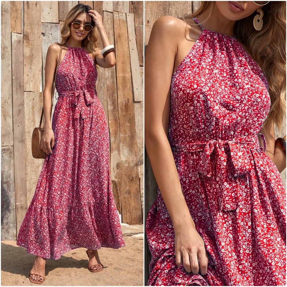 Boho Floral Print Halter Ruffle Maxi Dress Red - Picture 4 of 6